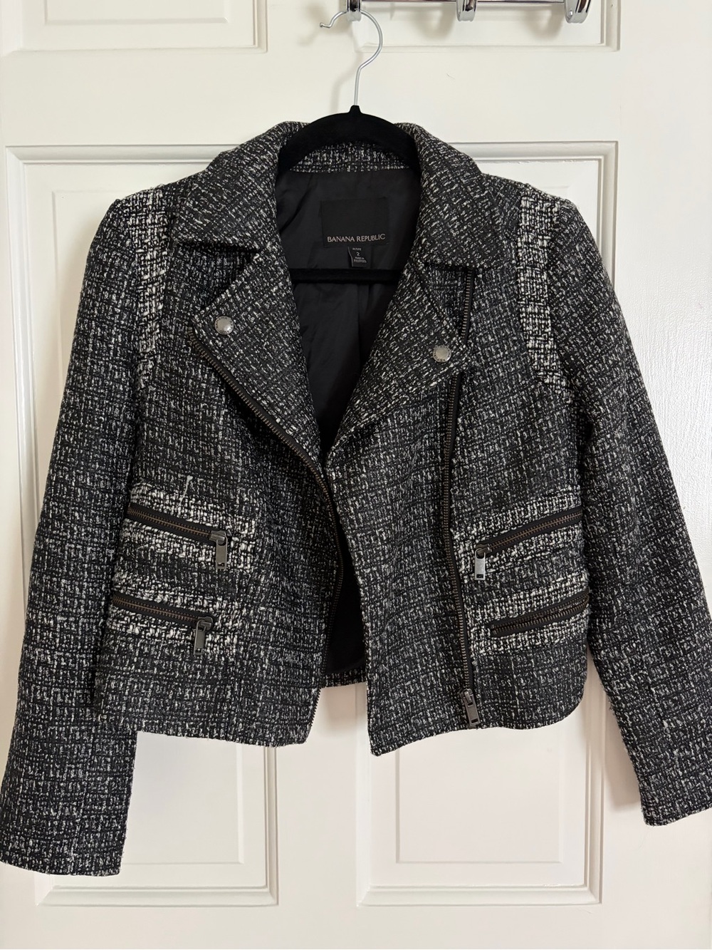 Banana Republic Black & White Tweed Zip-Front Moto Blazer
